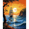 A vibrant sunset seascape featuring a sailboat on the water with a large sun, framed by a tree and cliffs.