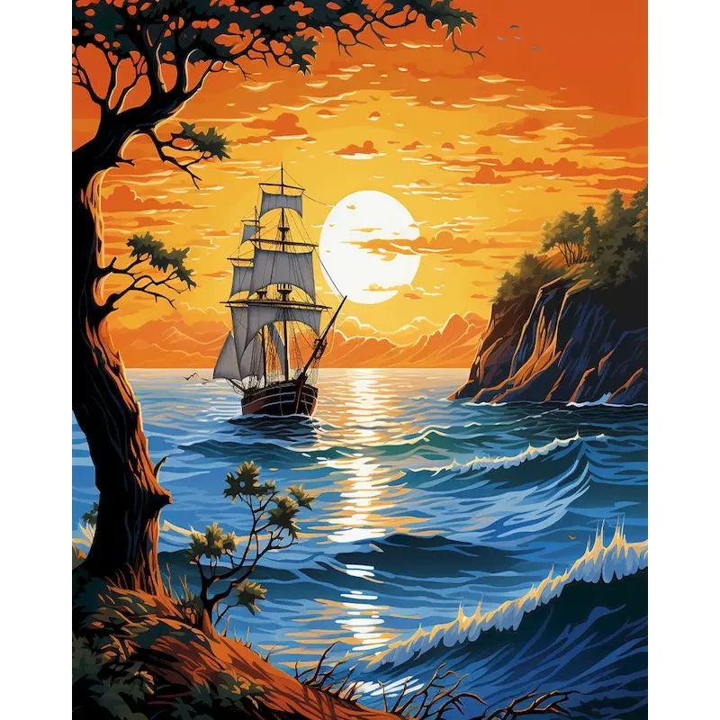 A vibrant sunset seascape featuring a sailboat on the water with a large sun, framed by a tree and cliffs.