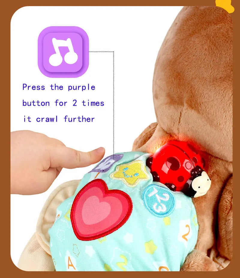 A brown bear toy with a red ladybug attached, showing instructions for encouraging it to crawl.