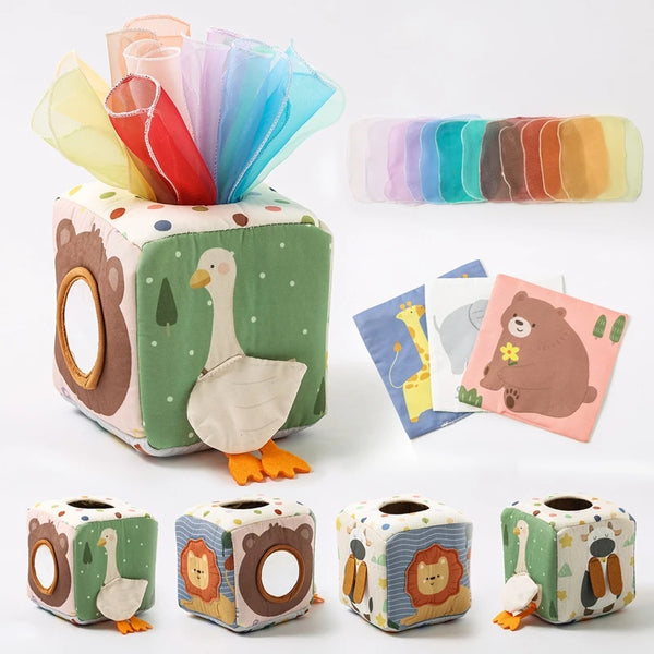 A set of Montessori sensory tissue boxes for toddlers in various colors and textures.