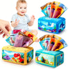 A set of Montessori soft tissue boxes for babies featuring colorful tissue paper and various animal figures.
