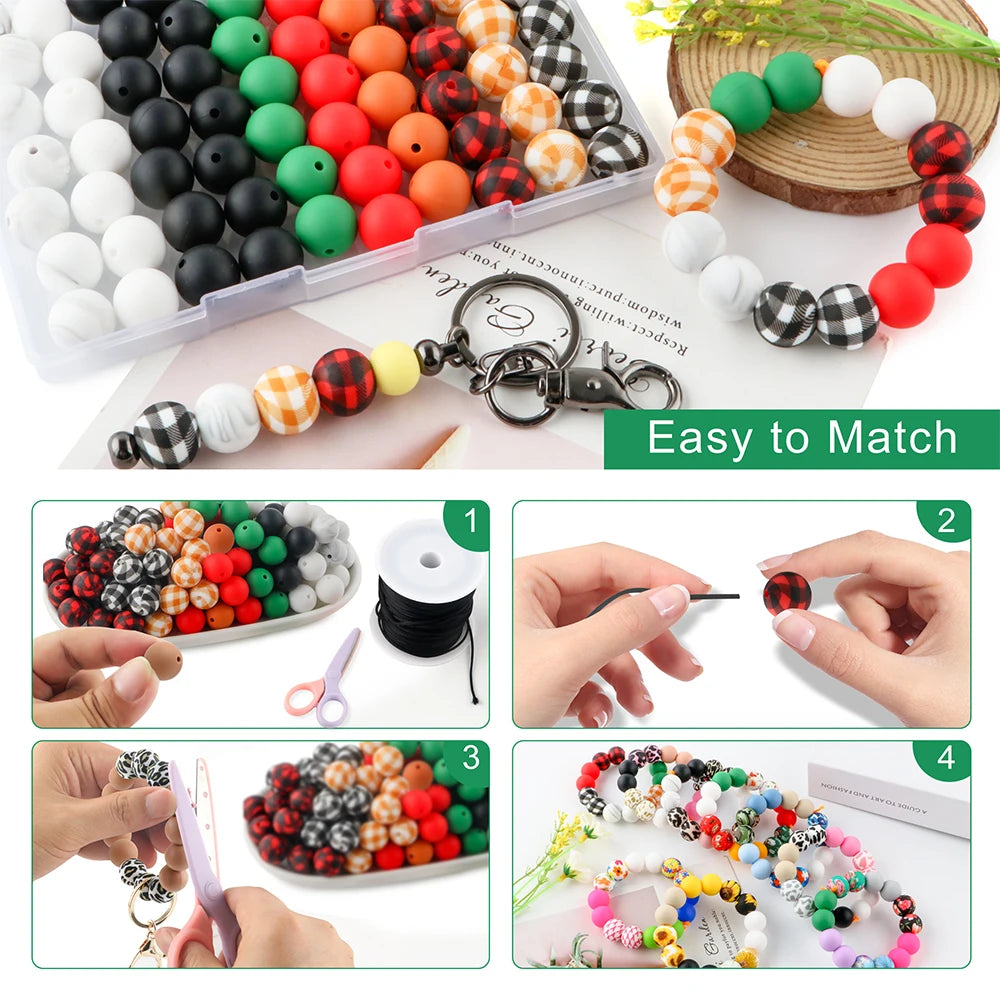 Assortment of colorful silicone beads and jewelry findings for DIY crafting and teething items