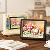 A display board featuring pink and white 3D flower building blocks for a DIY craft kit.