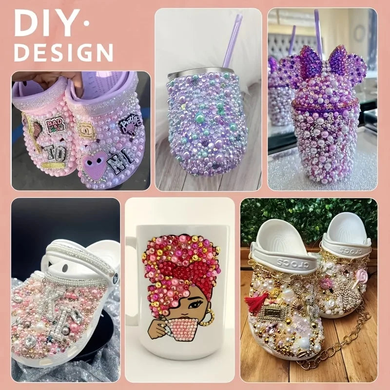 DIY craft project featuring pink and white resin rhinestones and pearls used for making cute shoes and accessories.