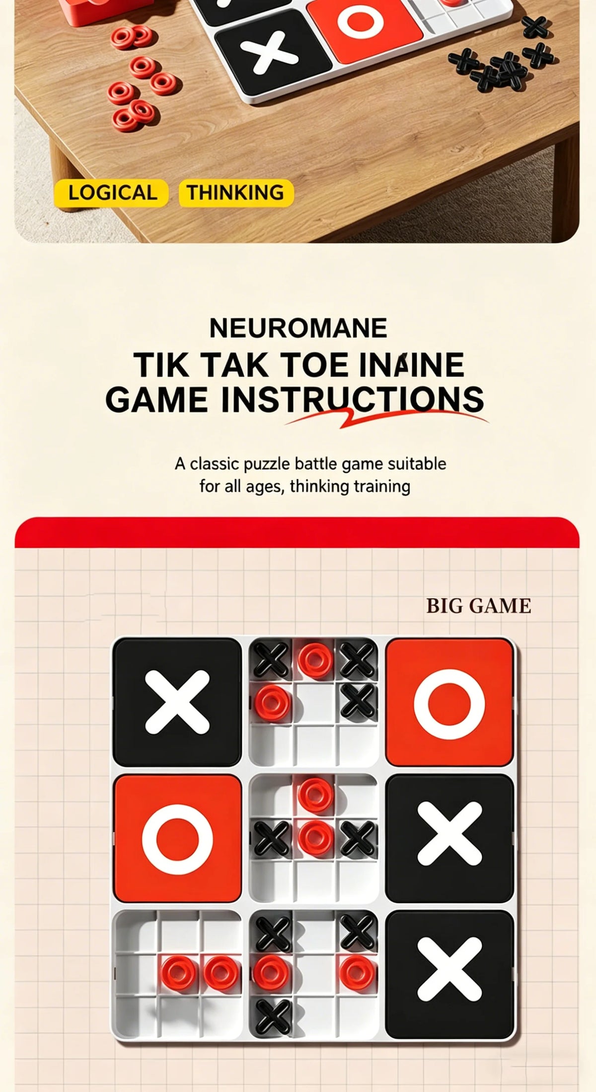 A game board showing a Tic Tac Toe layout with red and black markers, used for thinking training.
