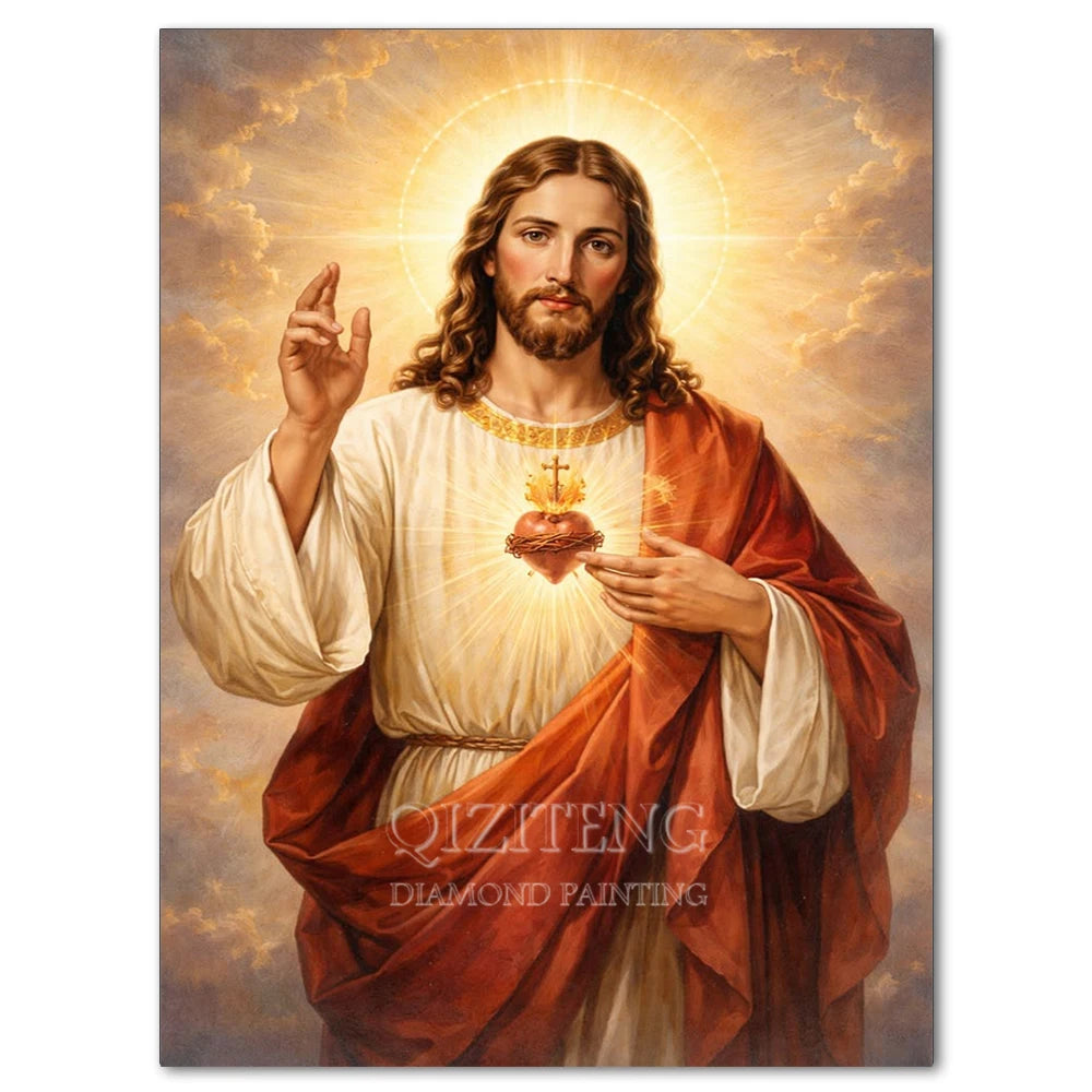 Diamond painting of Jesus Christ with a halo against a cloudy sky