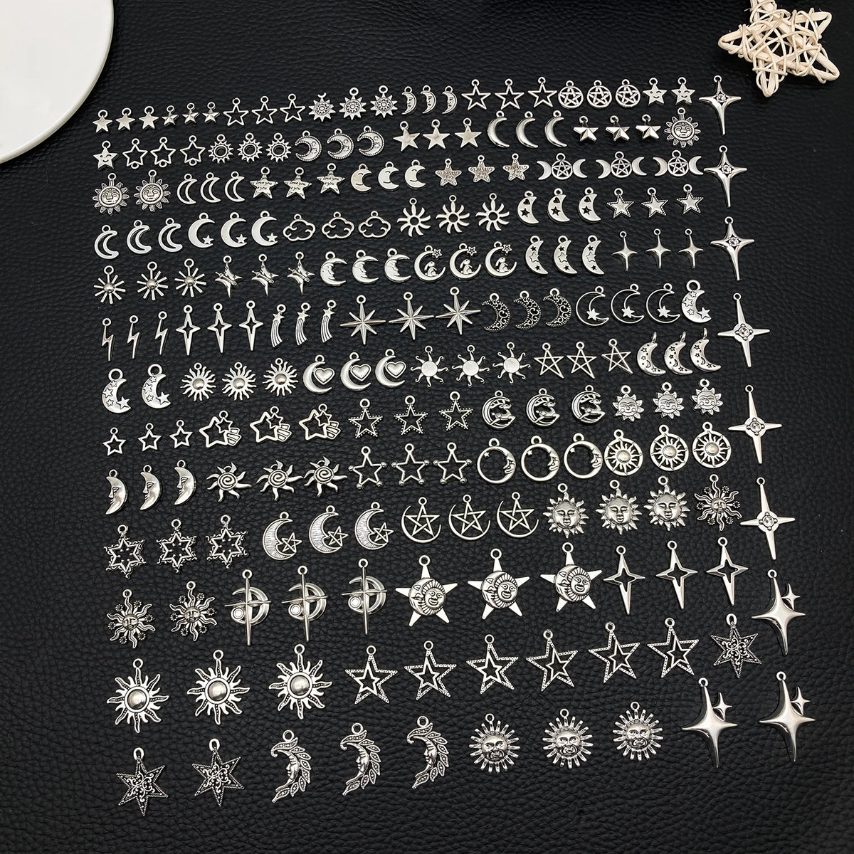 Celestial Charm Assortment – Vintage Silver Stars, Moons & Suns for Jewelry Making
