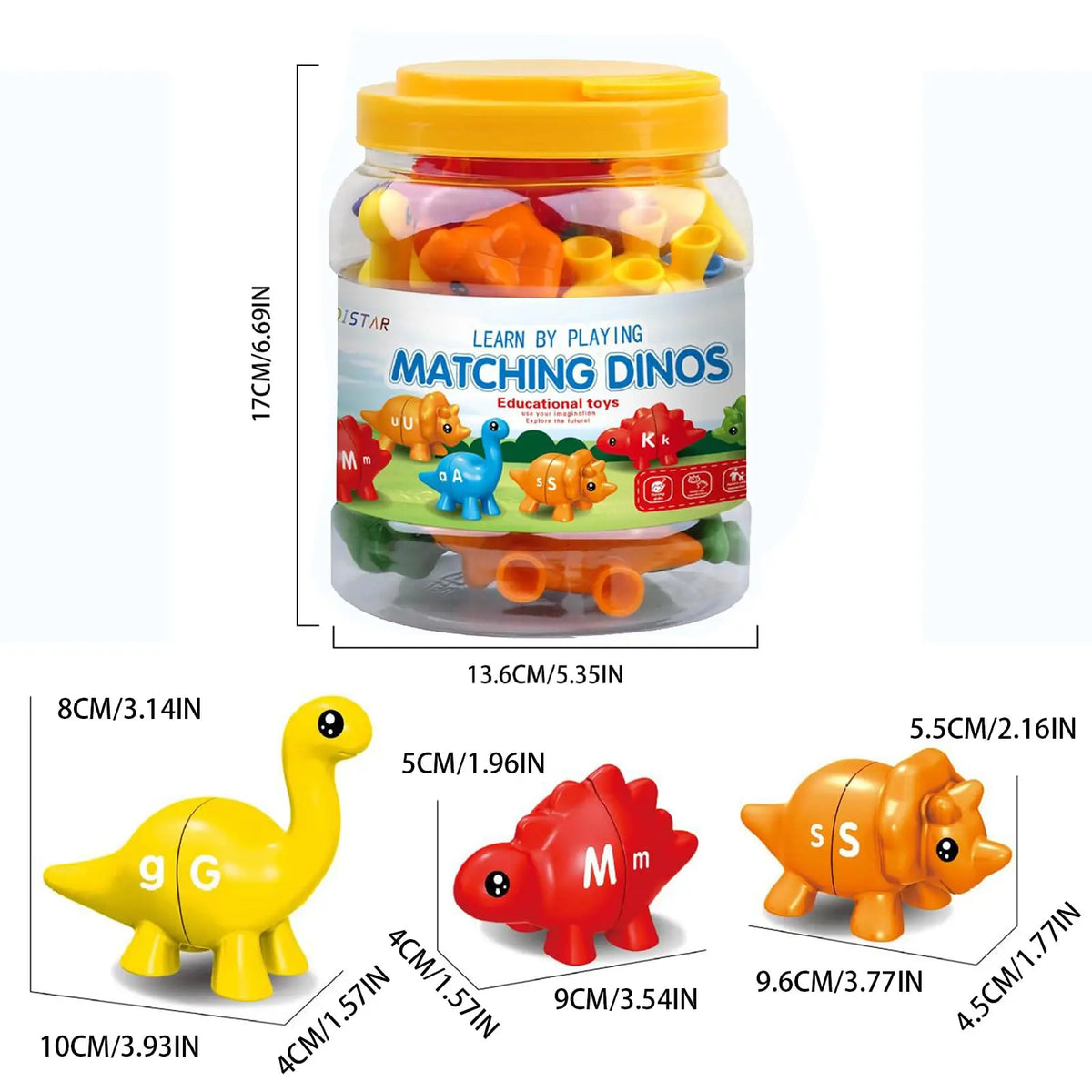 A jar of matching dinosaur toys featuring colorful alphabet letters for educational play.
