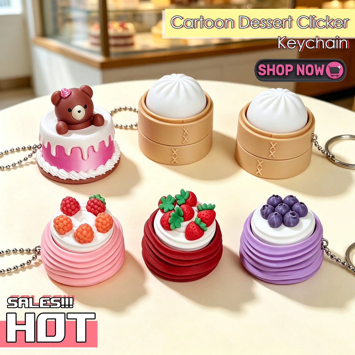 Cute Cartoon Cake Fidget Keychain – Stress Relief Clicker Toy