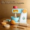 A wooden kitchen play set with realistic food items and a simulation device for children's imagination.