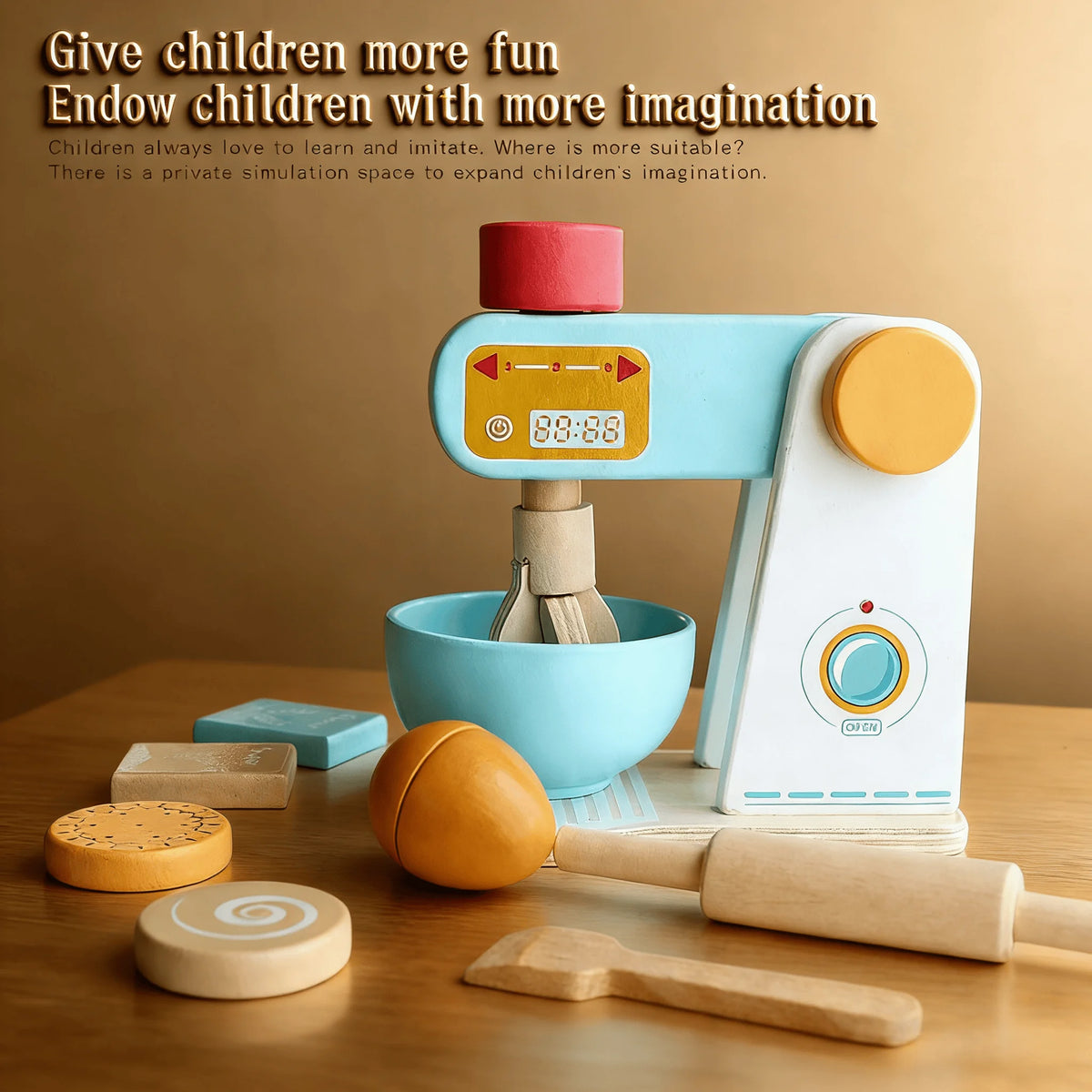 A wooden kitchen play set with realistic food items and a simulation device for children's imagination.