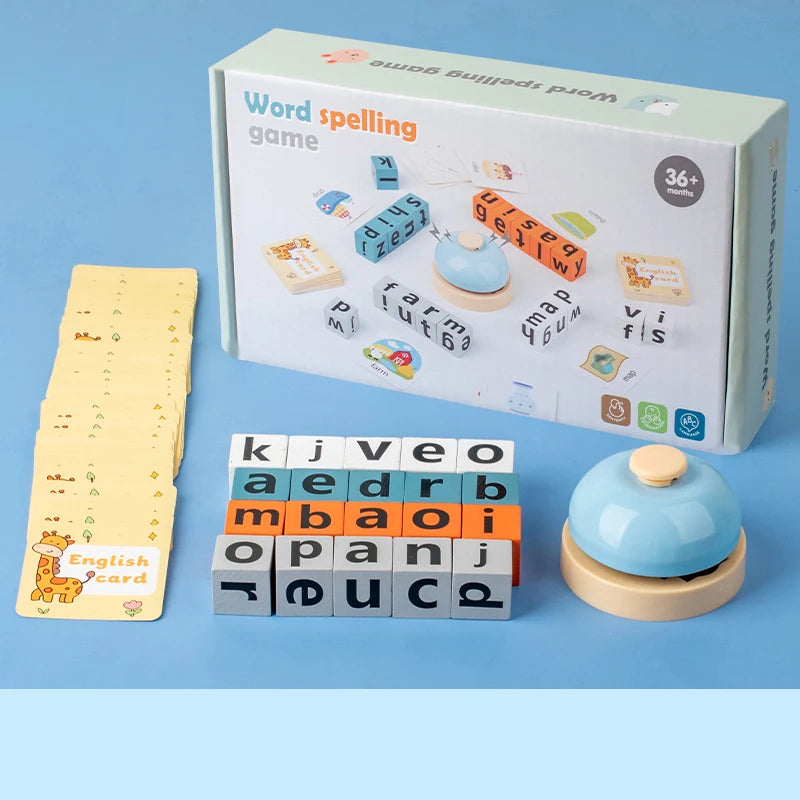 A box of a wooden word spelling game with letter tiles and a set of individual letter blocks.