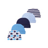 A collection of baby hats featuring various cartoon animals and stripes in blue, gray, and navy.