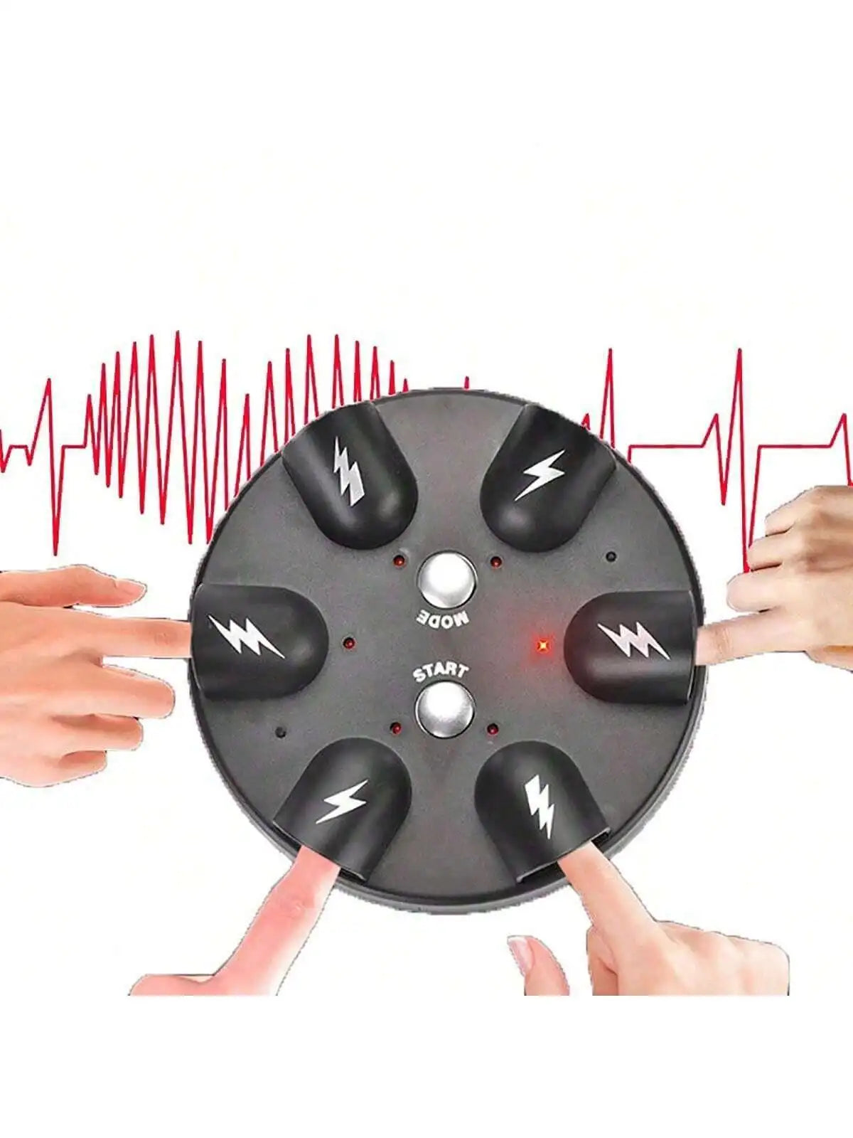 Hands are operating an electric shock party game device with six fingers placed on the surface.