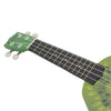 A green ukulele with a kiwi fruit design and a black fretboard is shown.