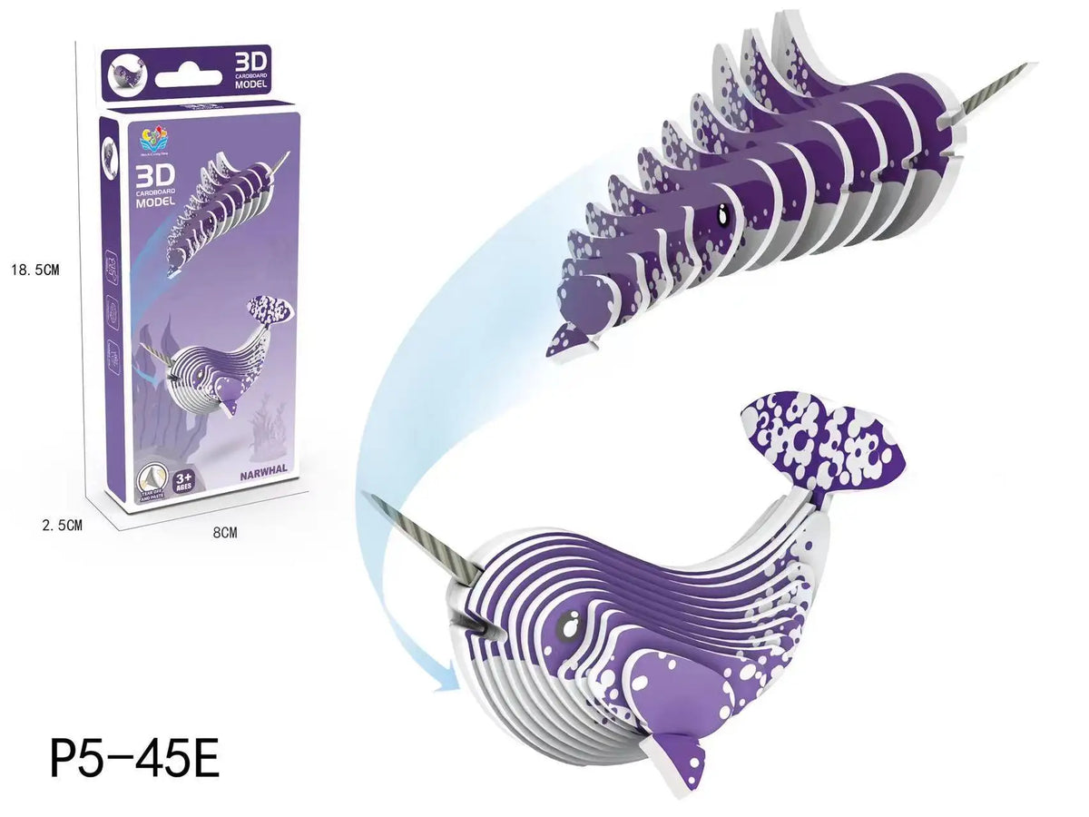 A purple and white 3D paper animal puzzle set shaped like a dinosaur or marine creature, shown in an elongated form.