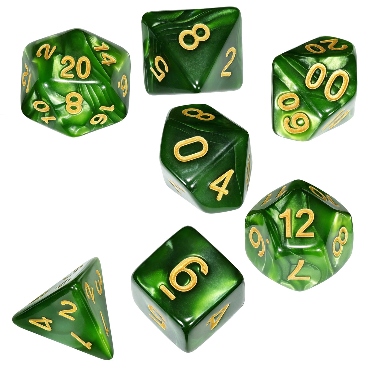 A set of seven marble effect polyhedral dice in various colors and shapes.