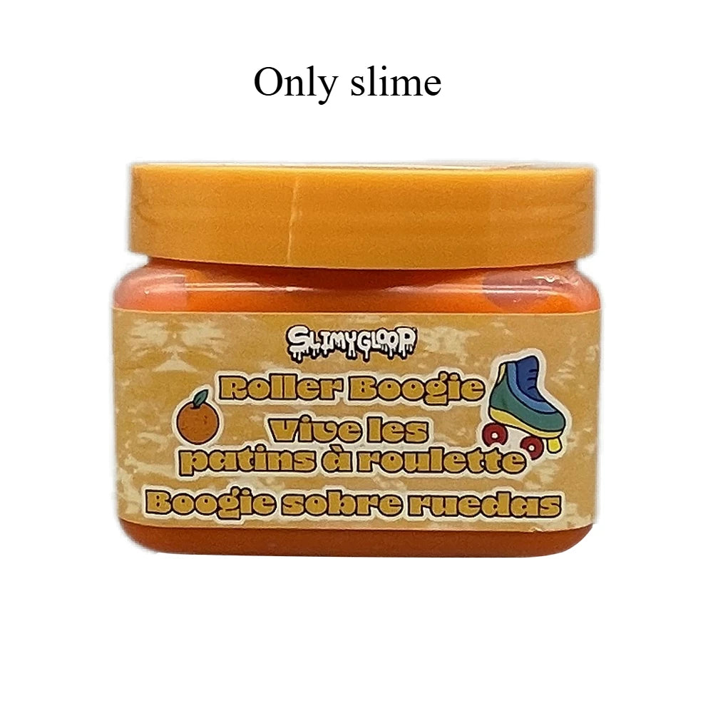 Jar of orange slime labeled Roller Boogie vive les patins à roulette Boogie sobre ruedas