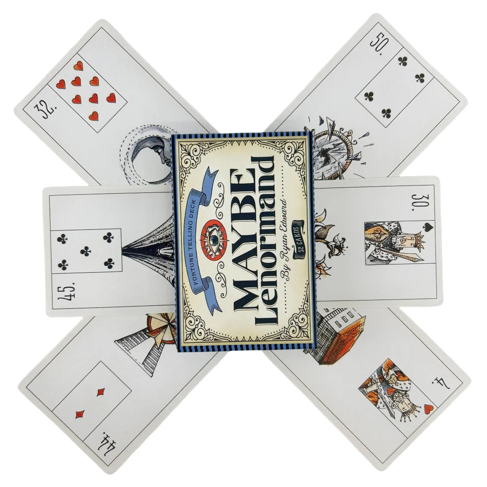 A spread of Lenormand oracle cards showing various symbols and numbers.