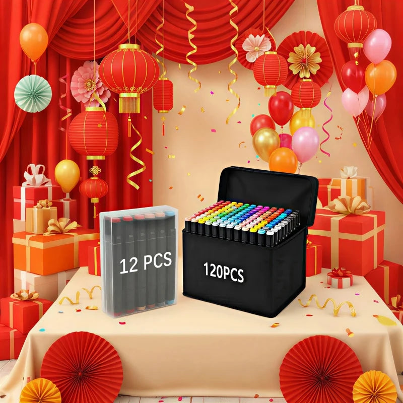 A set of 120 alcohol markers in various colors displayed on a black box, set against a backdrop of red and orange lanterns.