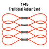 A set of four traditional rubber bands used for slingshots, colored bright orange and black.