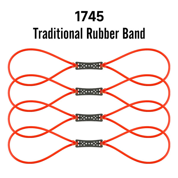 A set of four traditional rubber bands used for slingshots, colored bright orange and black.