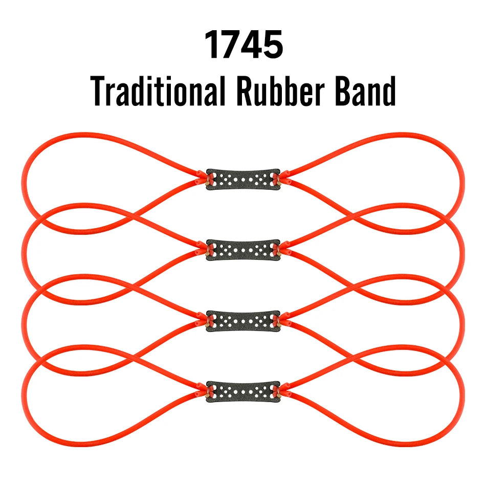 A set of 1745 traditional rubber bands in orange and black for slingshot use.