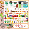 A large assortment of 119 plastic pretend play kitchen items including cookware, fruits, and vegetables.