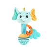 A soft plush elephant rattle toy set with crinkle and squeak sounds featuring light blue and orange colors.