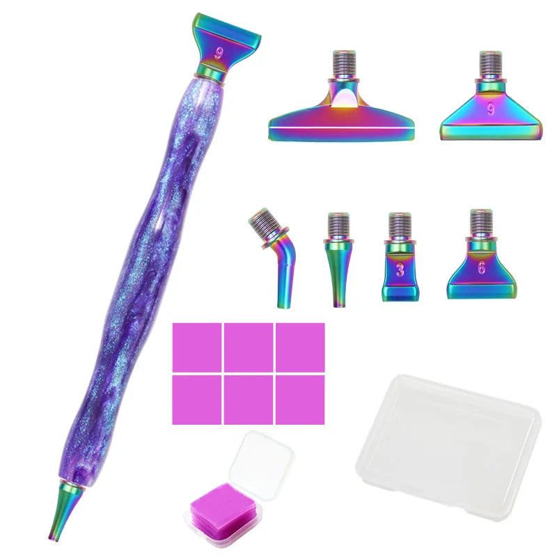 A set of 5D resin diamond painting pens with interchangeable metal tips and multi-placers in various colors.