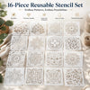 A collection of sixteen reusable laser-cut mandala art stencils in various floral and geometric patterns on a white backgroun
