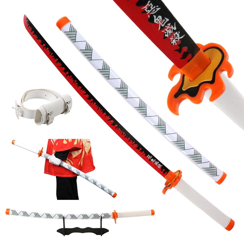 A red and black Demon Slayer anime katana with an orange guard and white blade, shown alongside its packaging and components.