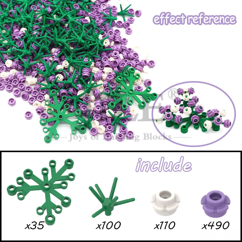A collection of green and purple cherry blossom tree building blocks with various sizes included.