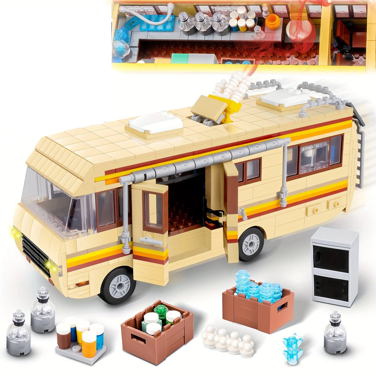 A yellow bus building set featuring various plastic components and accessories for a model vehicle.