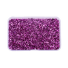 A clear plastic container filled with crushed purple glass stones for resin and craft projects.