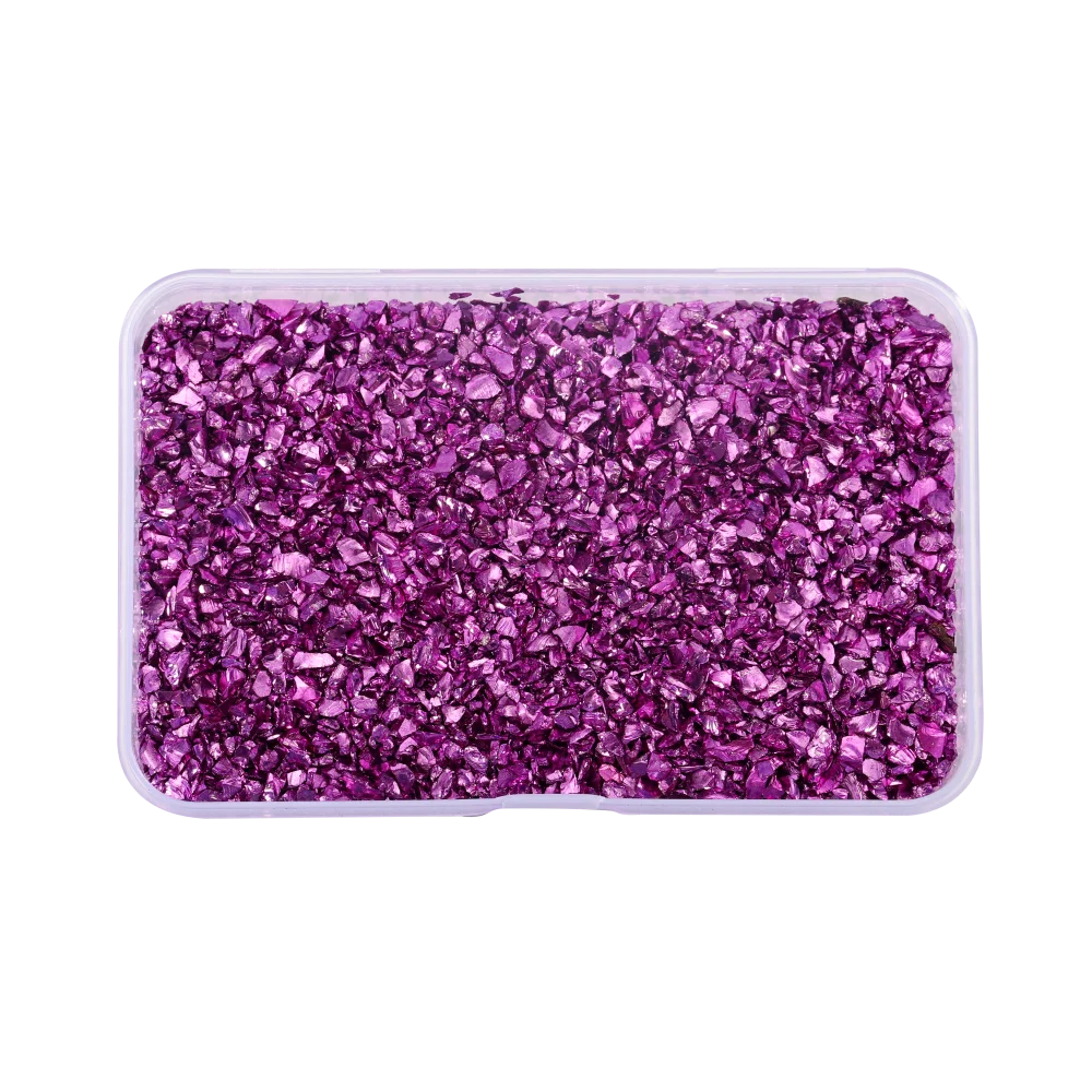 A clear plastic container filled with crushed purple glass stones for resin and craft projects.