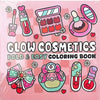 A coloring book featuring various cosmetic products like lip gloss, palettes, and makeup items in pink and purple hues.