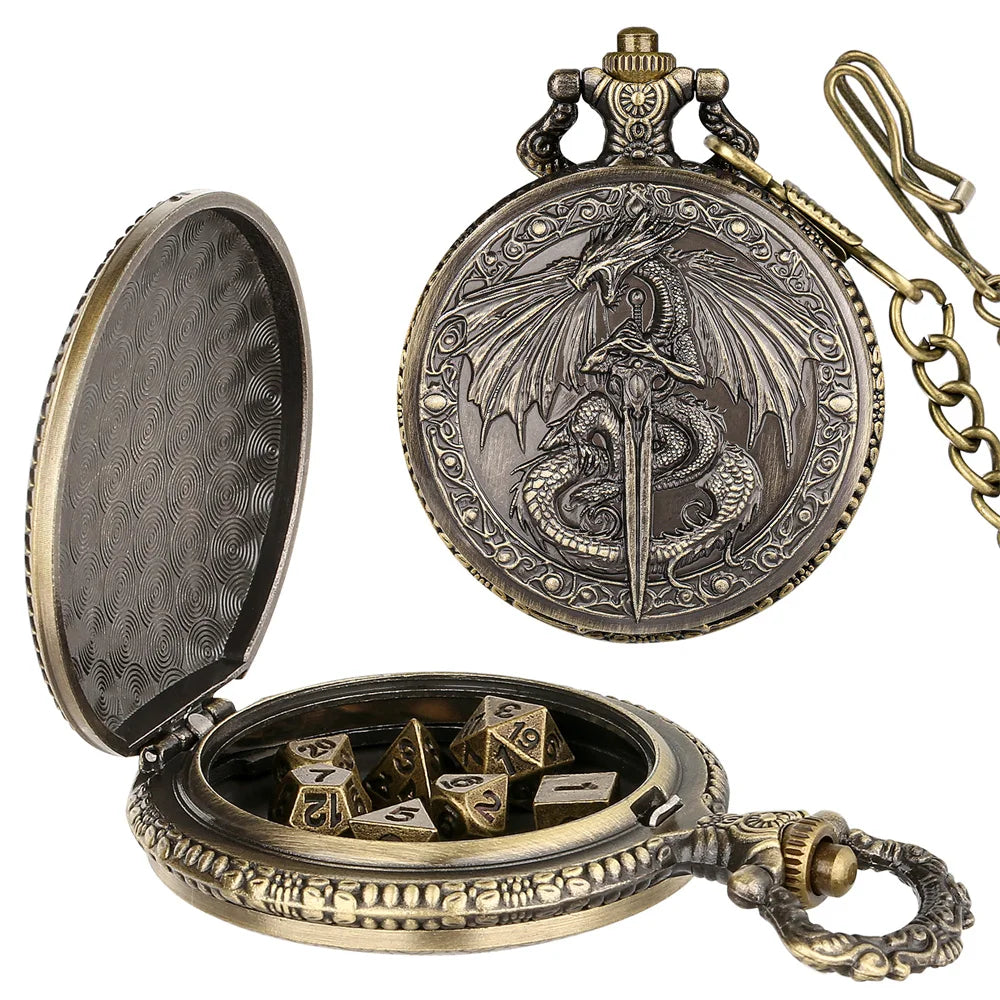 A steampunk dragon pocket watch dice case with a lid and an open box containing seven mini dice.