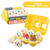 A yellow egg carton package containing matching plastic eggs for a learning toy set.