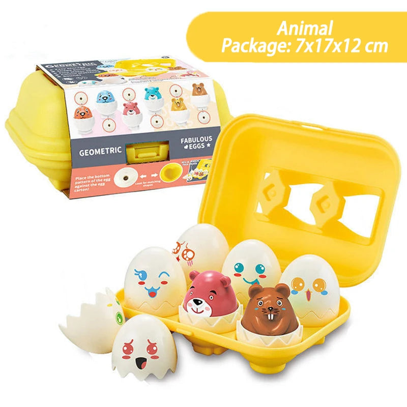 A yellow egg carton package containing matching plastic eggs for a learning toy set.