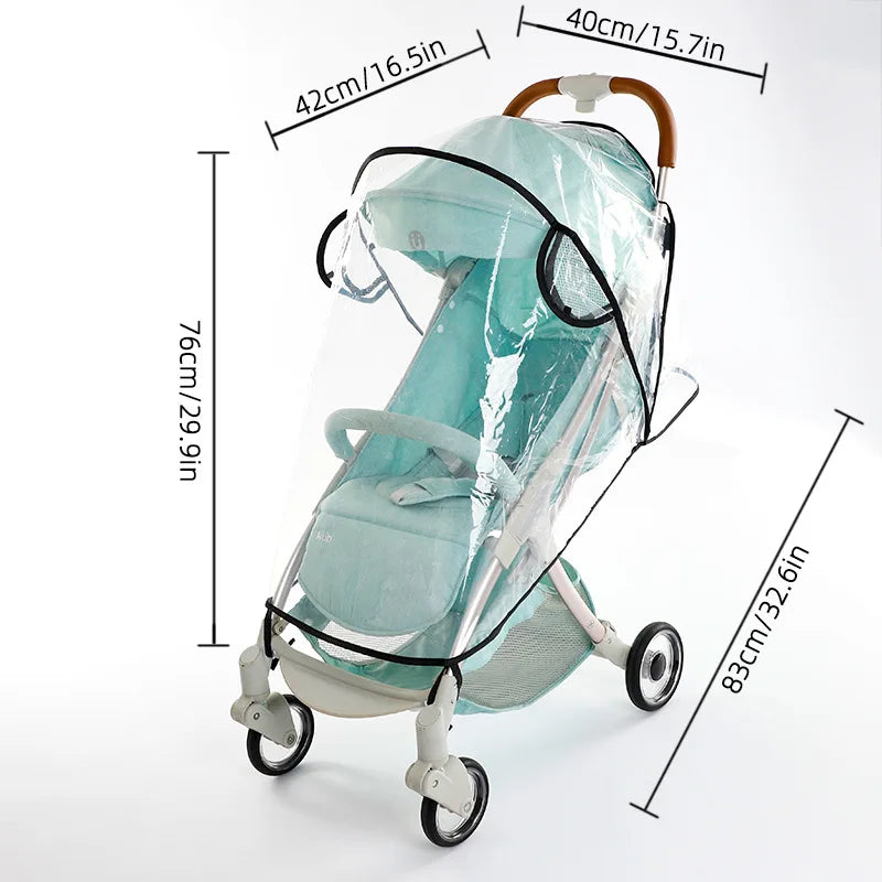 A light blue universal stroller rain cover with a black frame and handle, shown in a side profile.