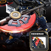 A detailed model kit of a Kai Tiger Lake Knight featuring dark blue and black armor with red accents, displayed against a dar