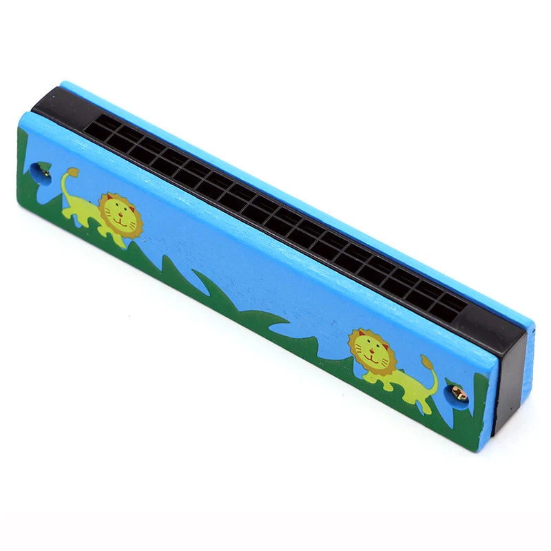 A blue wooden harmonica with a cartoon lion and cat design.