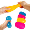 Hands are squeezing and manipulating a stack of brightly colored squishy stress relief balls.