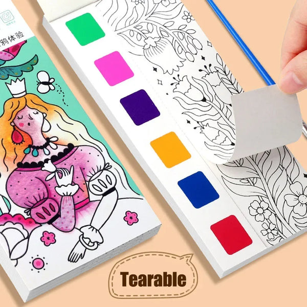 A watercolor painting book with a brush showing various colored paint squares and line art illustrations.