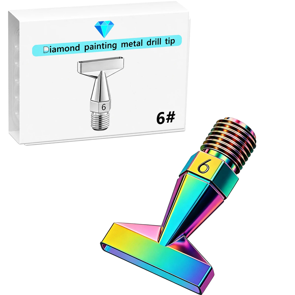 A hexagonal metal drill tip for diamond painting, shown next to its packaging and an assembled tool.