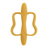 A yellow silicone teether with an easy-grip handle for babies.