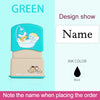 A green custom kids name stamp with a light blue bath theme and a beige body, showing an example of personalized labeling.