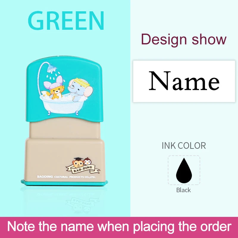 A green custom kids name stamp with a light blue bath theme and a beige body, showing an example of personalized labeling.