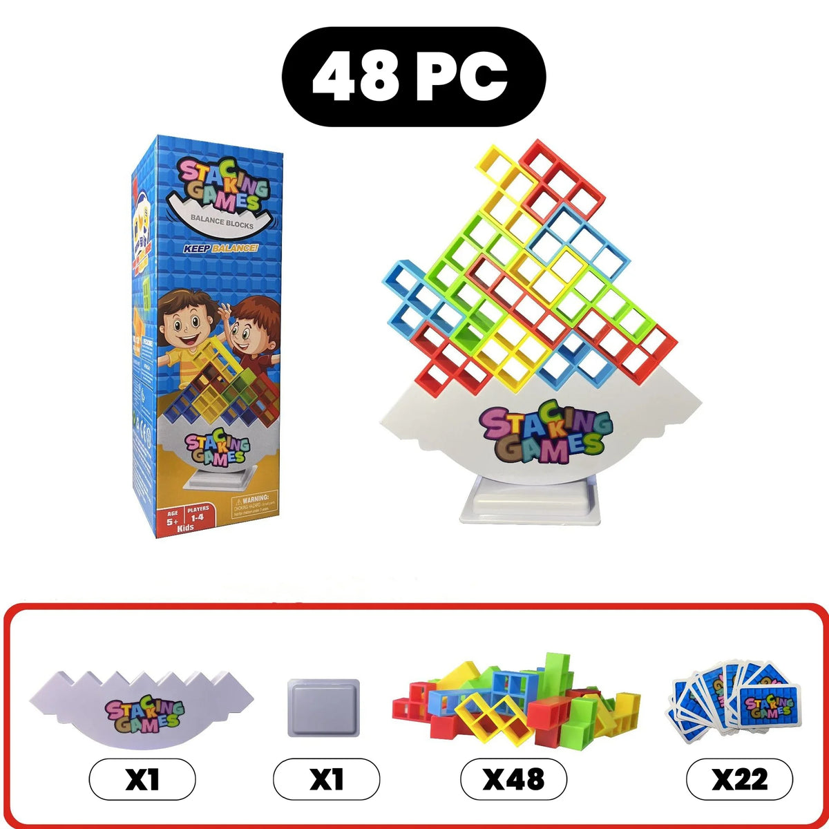 A set of 48 stacking games building blocks in various colors and shapes.